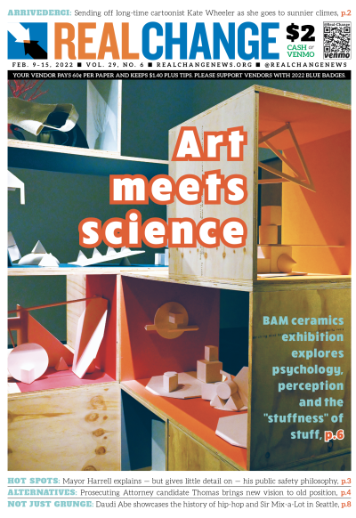 Painting of multi-colored plywood shelves holding various sculptures in abstract shapes. Headline reads, "Art meets science."
